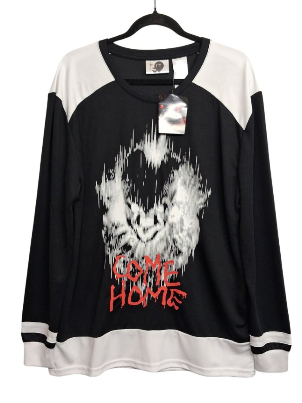 IT Pennywise Pullover Jersey Long Sleeve Tee Black White Horror Print Large NWT